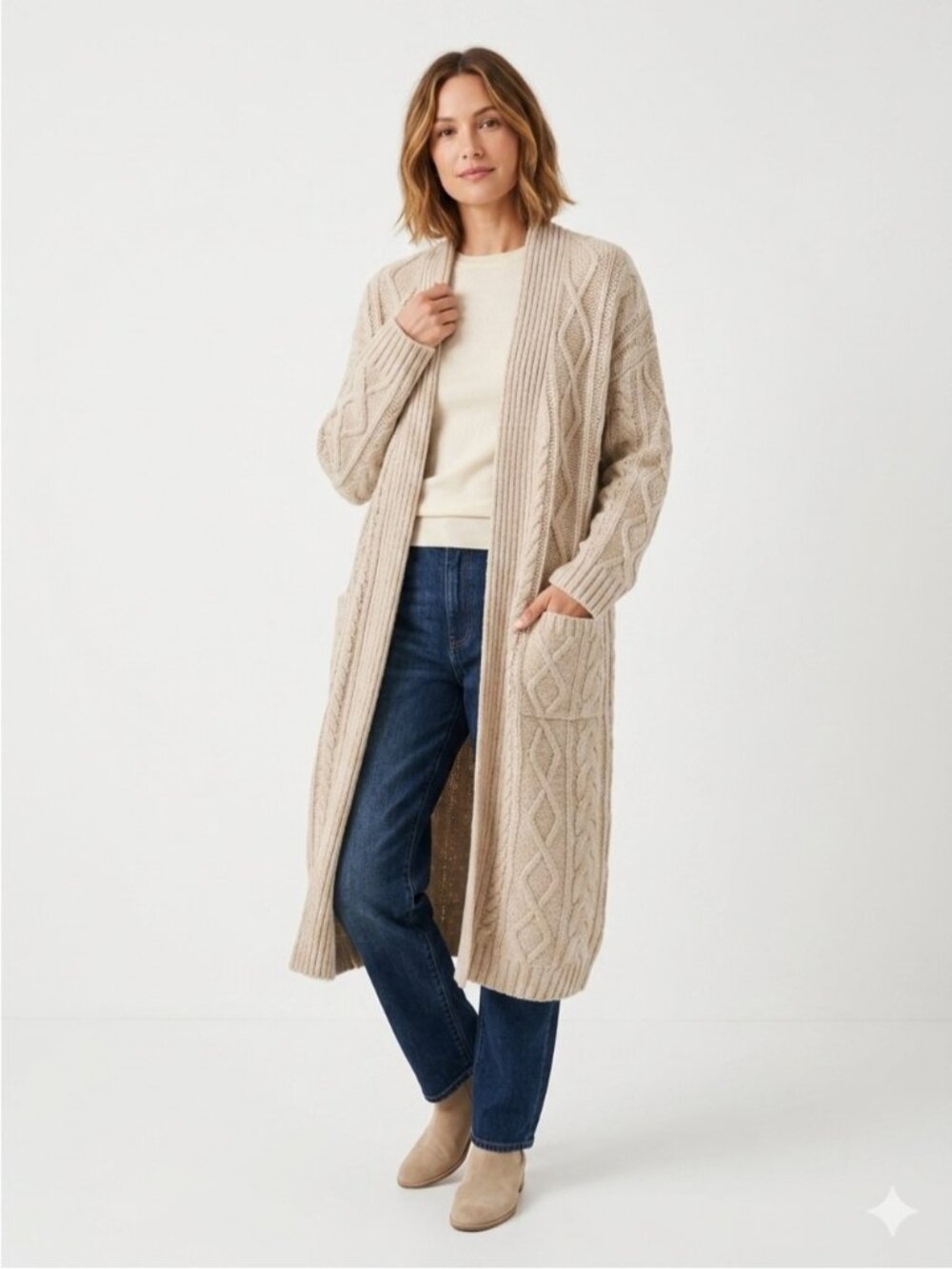 H&M Cozy Cream/Beige Long Cable-Knit Open Front Cardigan Medium